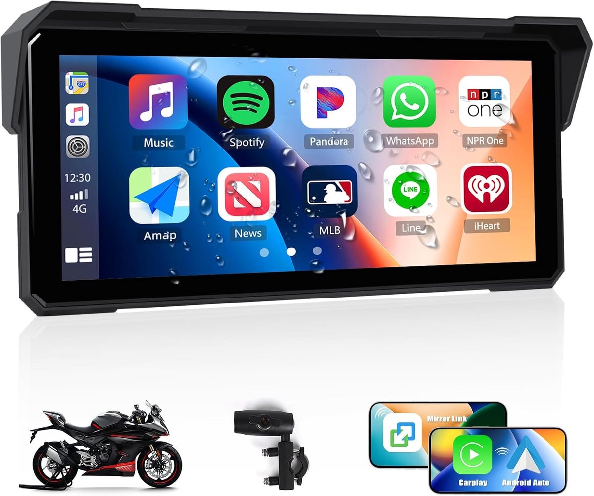 SnelShoppen - 8.1 Inch HD Motor Display IP68 Dashcam met Draadloze CarPlay/Android Spiegelfunctie, Bluetooth Universele Verticale Houder en Achtergron