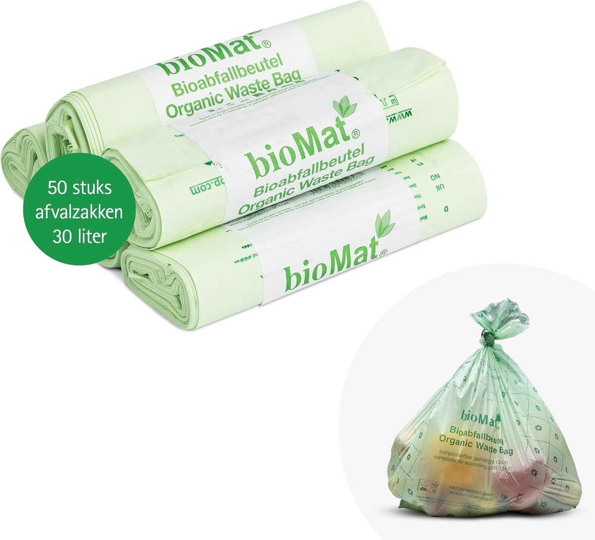 SnelShoppen - 30L Composteerbare Afvalzakken - 50 Stuks - Premium Kwaliteit - DINplus Gecertificeerd - Klimaatneutraal - Biologisch Afbreekbaar - Perf