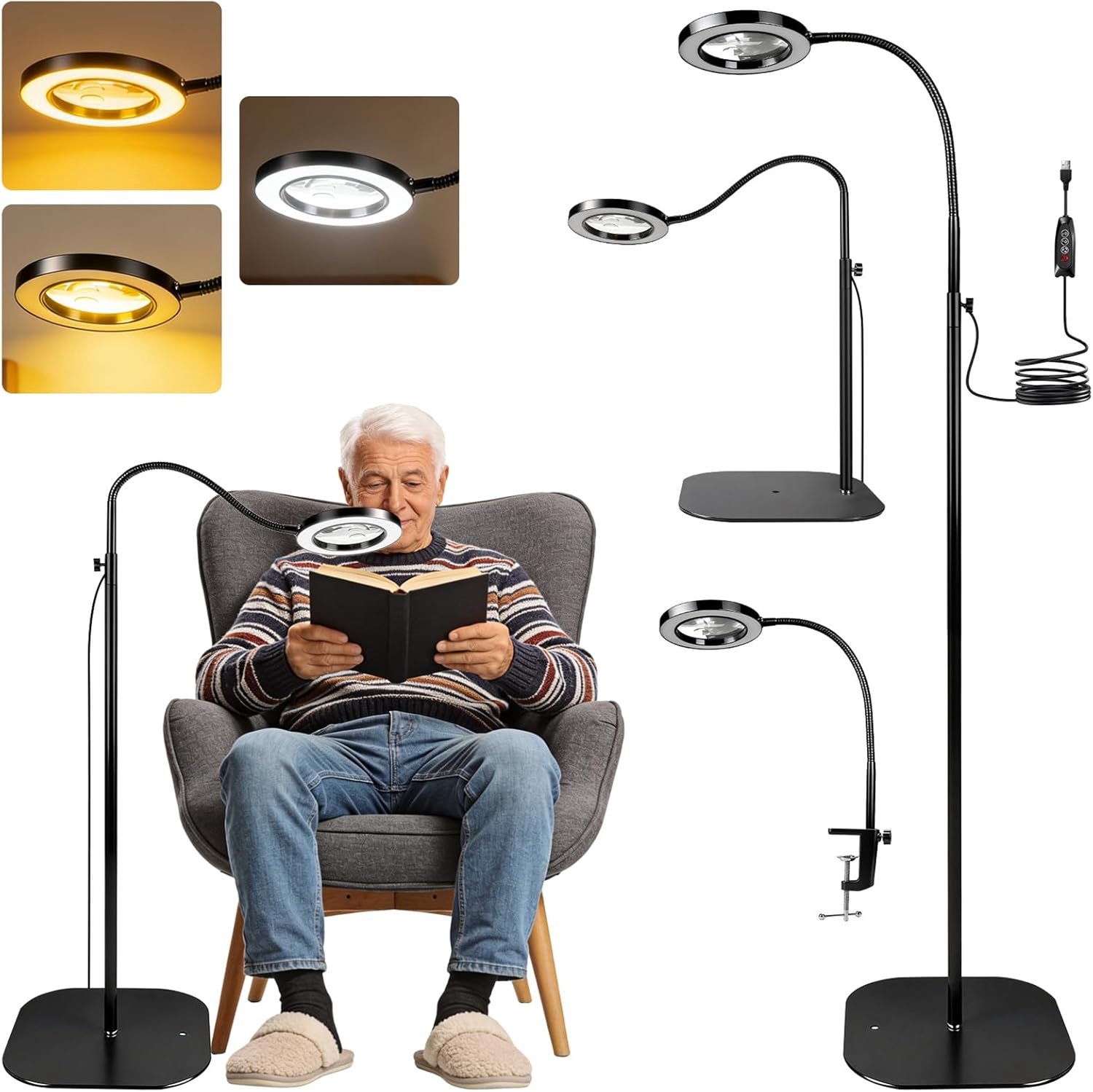 SnelShoppen - 3-in-1 Vergrootglas met Licht en Standaard, 10x Vergrootlamp, Flexibele Zwenkarm, 360° Vloerlamp, LED Leesloep voor Senioren en Hobbyist
