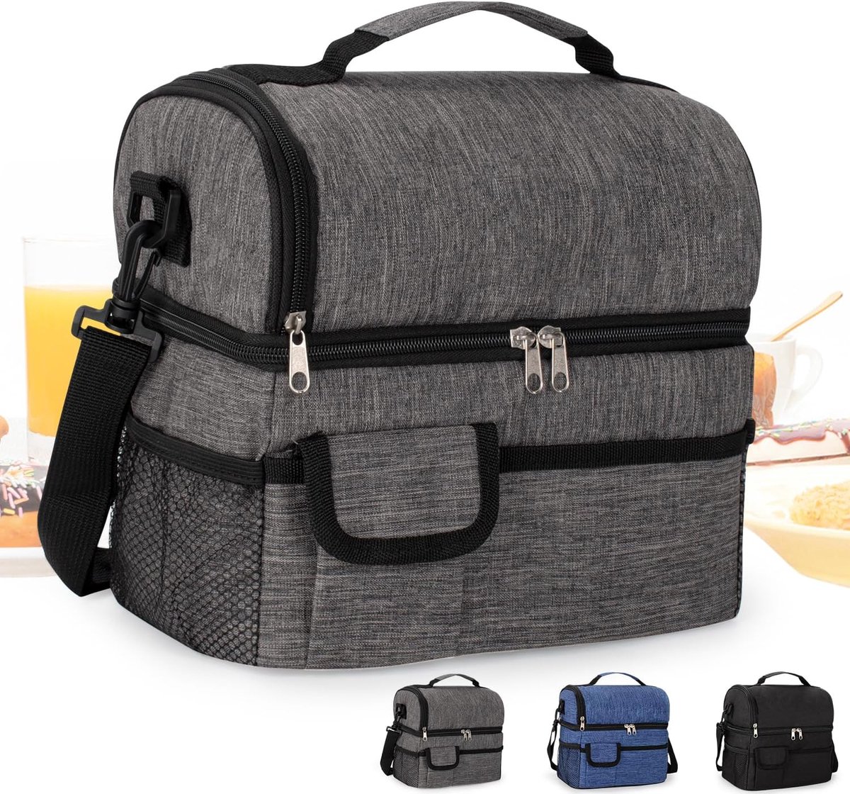 SnelShoppen - Geïsoleerde Lunchtas 10L - Grijze Lunchkoeltas met Dubbele Compartimenten - Thermische Tas voor School, Picknick en Werk - Verstelbare S