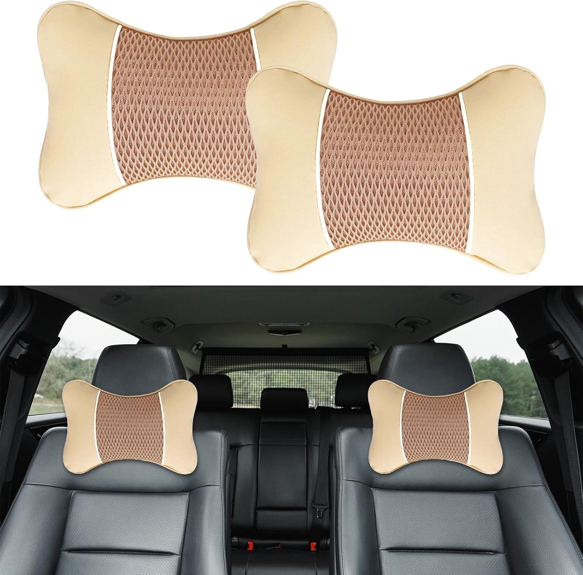 SnelShoppen - 2 Pcs Ergonomische Neksteun Auto Hoofdkussen Geheugenfoam PU Leer 28 x 18 cm Voor Rijden, Reizen, Kantoor