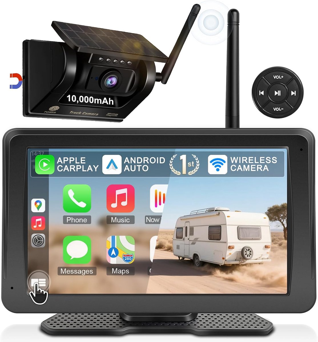 SnelShoppen - Draadloze Achteruitrijcamera 7 Inch - Draagbaar Scherm met Apple CarPlay/Android Auto - 10.000mAh Accu met Zonne-nachtzicht - Waterdicht