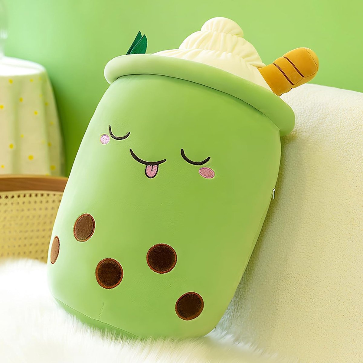 SnelShoppen - Bubble Tea Pluisjkussen 25cm - Zacht Knuffel Pluisdier Ijsthee Kop - Groen Pluizig Kussen - Perfect Speelgoed voor Kinderen, Kerstmis, V