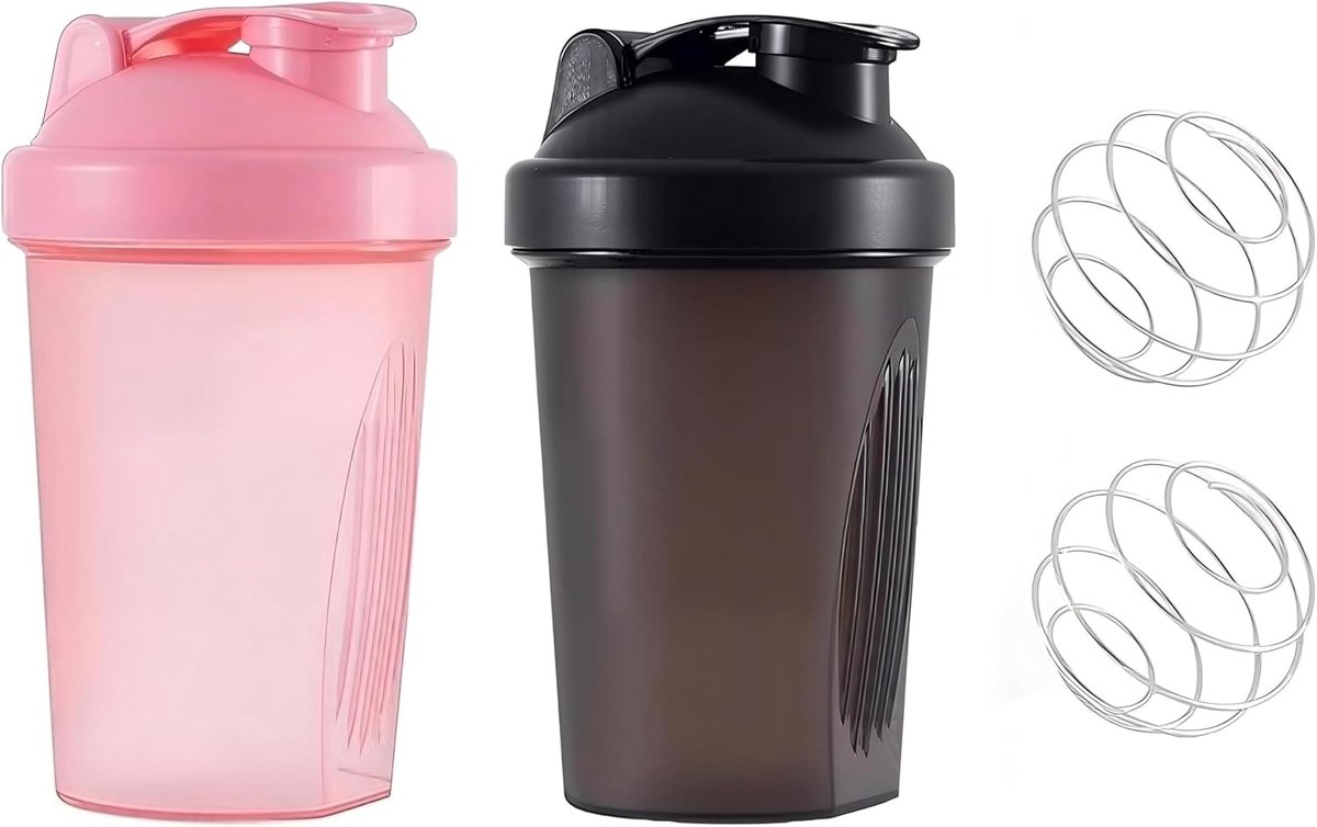 SnelShoppen - Eiwitshaker 400 ml, Lekvrije Proteïneshaker met Meetschaal, BPA-vrij, Duurzame Shakebeker voor Wei-eiwit, Sport, Fitness, Zwart + Roze