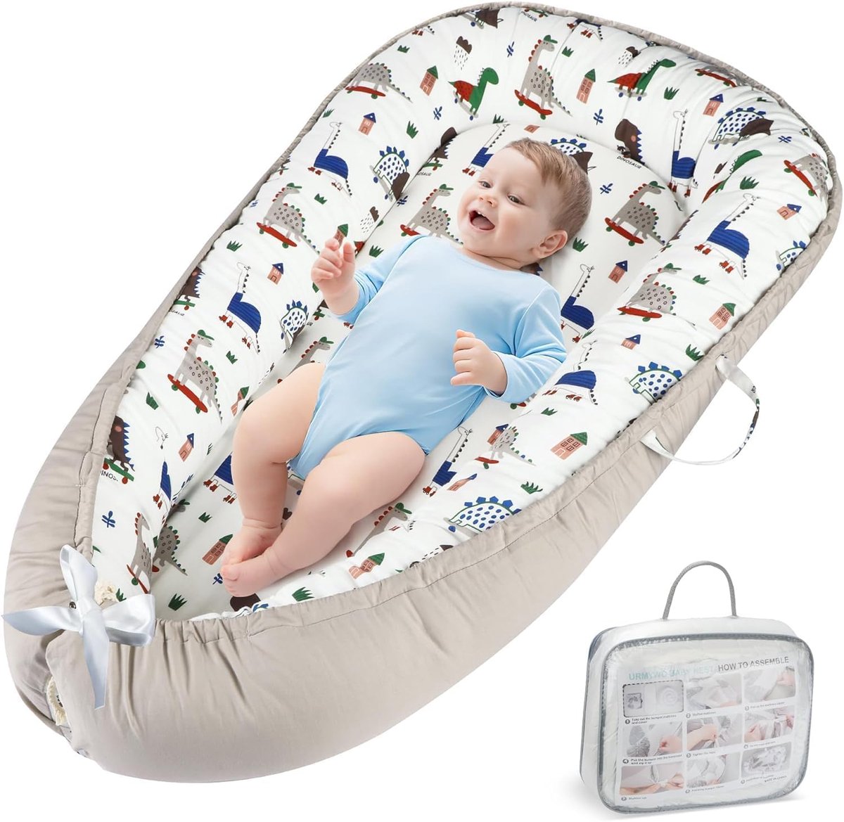SnelShoppen - Babynestje voor Pasgeborenen 90x50 cm, Handgemaakte Cocon, Dubbelzijdig Reisbed van 100% Katoen, Dinosaurus Design voor Baby's, Comforta