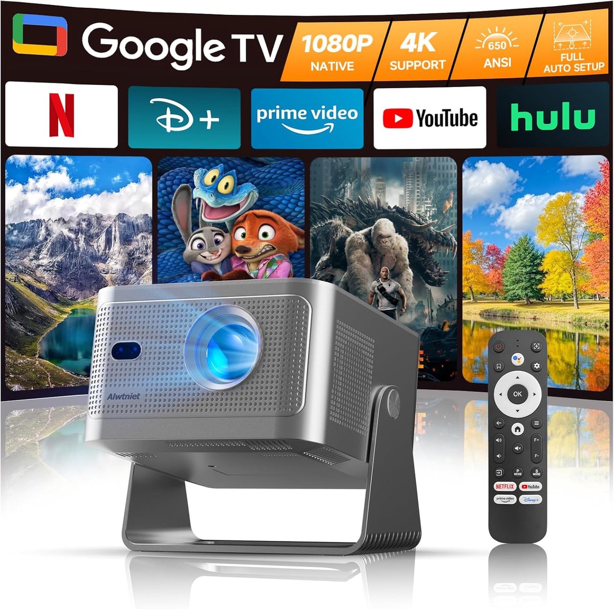SnelShoppen - Mini Beamer Projector 4K met Google TV, Full HD 1080p, Bluetooth, WiFi, Korte Afstand, Autofocus, Trapeziumcorrectie voor Thuisbioscoop,