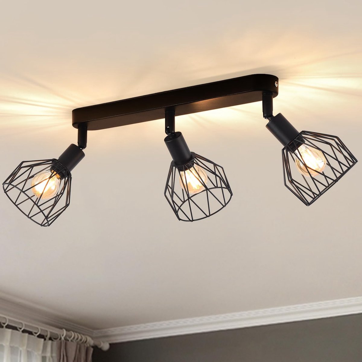 SnelShoppen - Plafondspot 3 Spots Zwart Vintage Draaibaar E14 Plafondlamp voor Woonkamer en Keuken, Moderne Verlichting zonder Gloeilampen