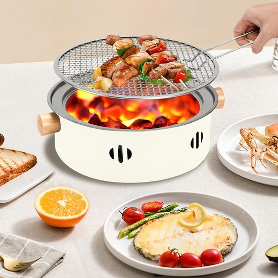 Draagbare houtskoolgrill, mini-barbecuegrill uit één stuk, multifunctionele rookvrije ronde tafelbarbecue op houtskool, geschikt voor koken binnen en buiten, familiebijeenkomsten, picknicks en kamperen (beige). van Diepintuin — afbeelding 4