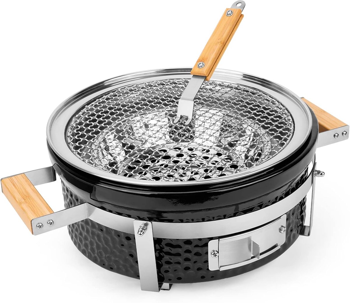 SnelShoppen - Onlyfire Ronde Tafelgrill Ø 35cm, Houtskool BBQ, Keramische Klei Kooker, Draagbare Yakitori Grill met RVS Grillroosters en Steunen