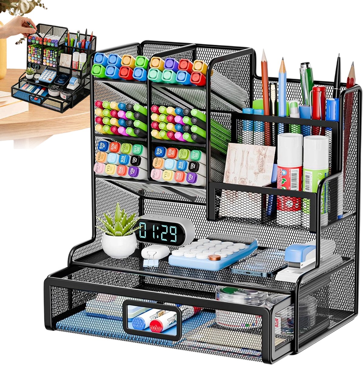 Metaal Bureau Organizer- Lade Opbergdoos - Multifunctionele Pennenhouder - 12 Vakken met Lade - 20,5x14x23,9 cm - Zwart - Voor Bureau, Keuken, Make-up of Badkamer