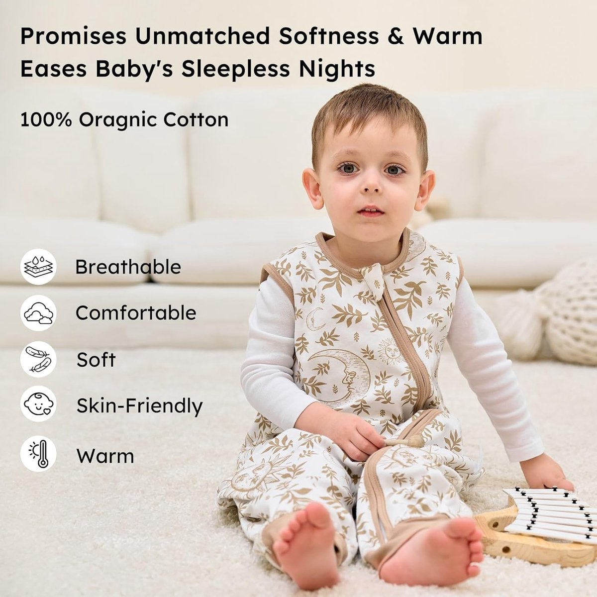 SnelShoppen - Baby Slaapzak met Benen 1.0 Tog - 2-pack Katoenen Slaapzakken voor Kinderen - Zacht en Ademend - 100cm - Beige - Perfect voor Lente, Zom