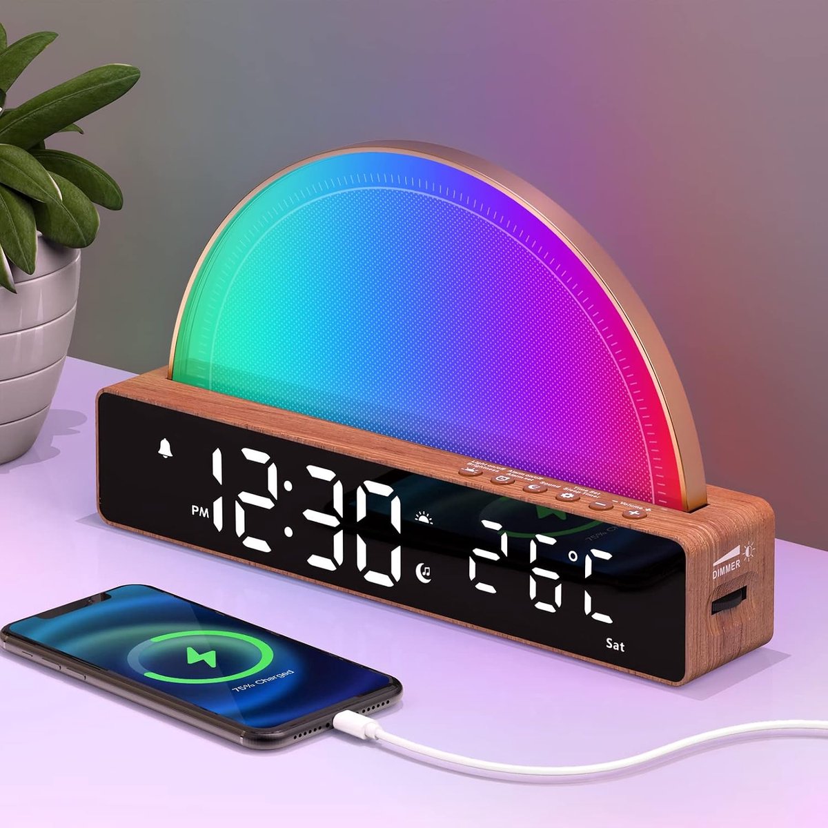 SnelShoppen - Alarm Clock met Licht, Dimmable Bedside Lamp, White Noise Machine, 10 Slaap Geluiden, Snooze, Timer, Temperatuur Display, USB Oplaadstat
