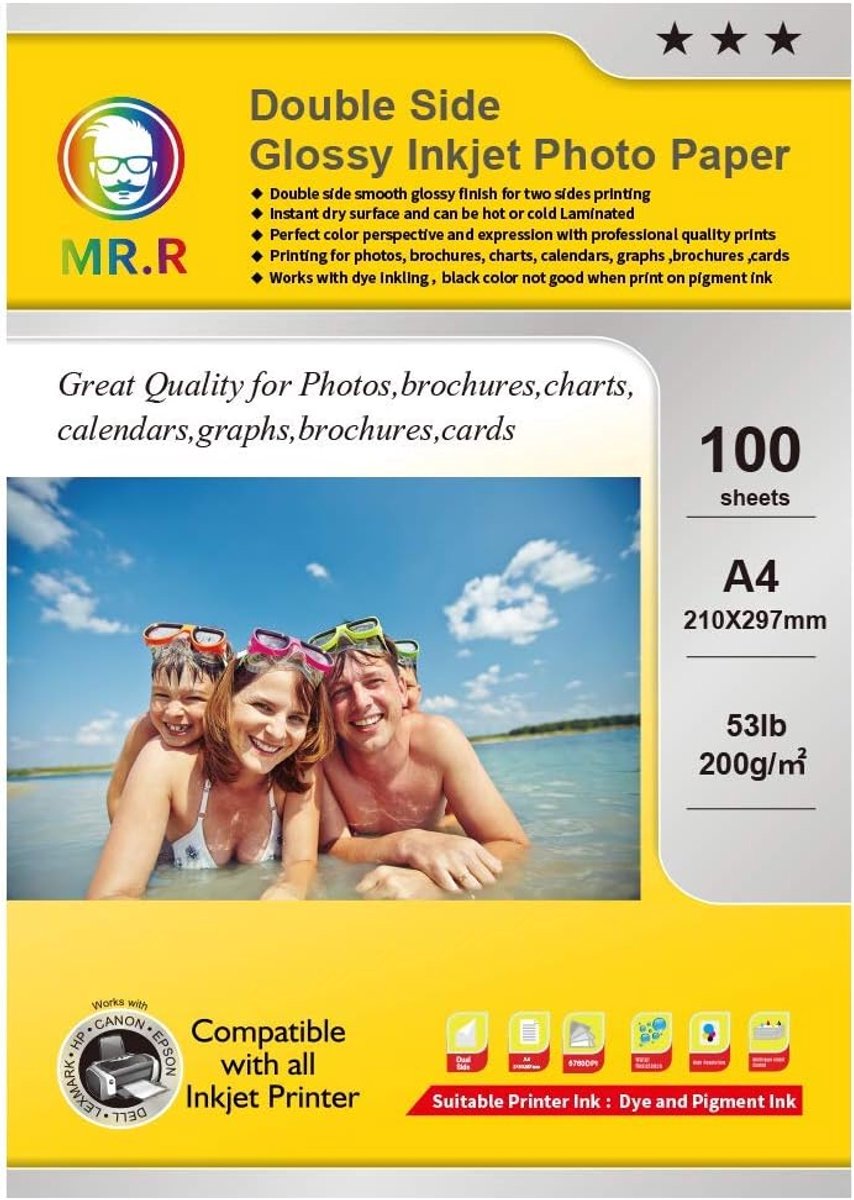 SnelShoppen - Double Sided Glossy Inkjet Photo Paper 200gsm A4 - 100 Vellen - Perfect voor Foto's, Folders, Charts, en Cale