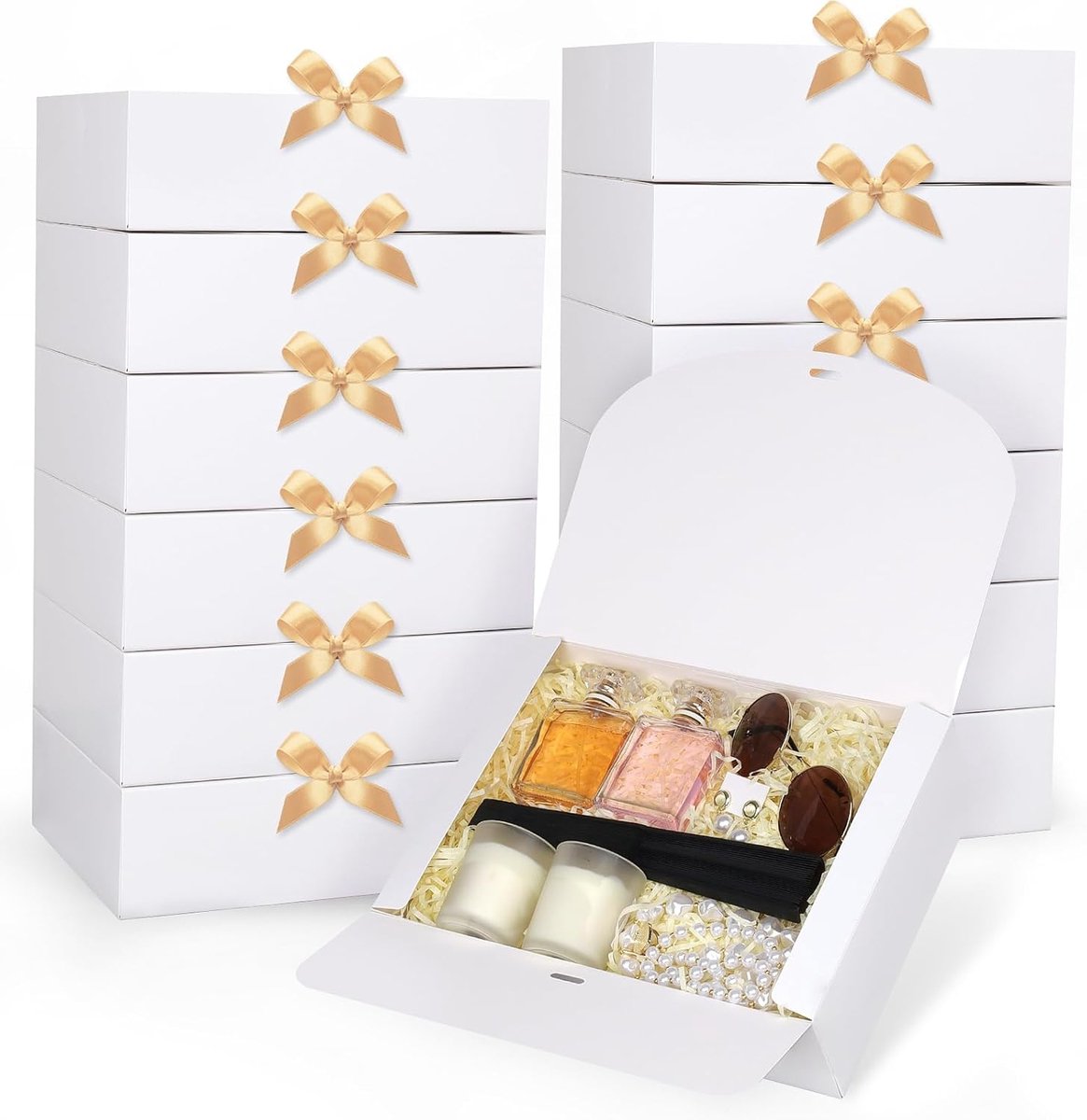 SnelShoppen - 12 Stuks Witte Cadeauboxen met Deksel 27x20x8 cm, Luxe Cadeauverpakking met Gouden Satijnlint voor Verjaardag, Bruiloft, Kerst en Feeste