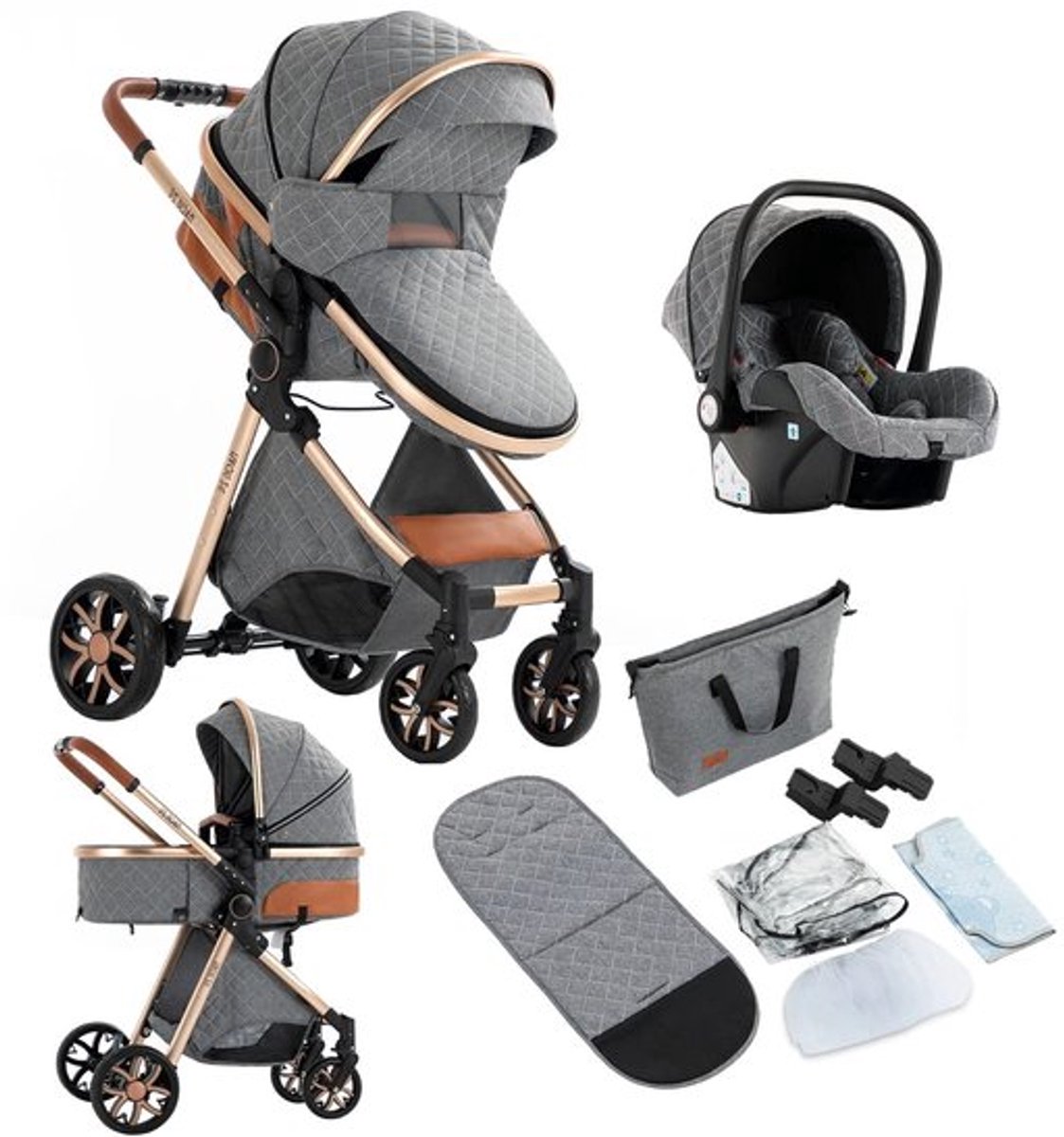 Kinderwagen - 3 in 1 - Opvouwbare Trolley voor Baby's - Lichtgewicht - Hoog landschap - Wandelwagen - Elegante Ontwerp - Kinderwagen Auto voor Pasgeboren Baby - Compacte Opvouwbaarheid - Grijs