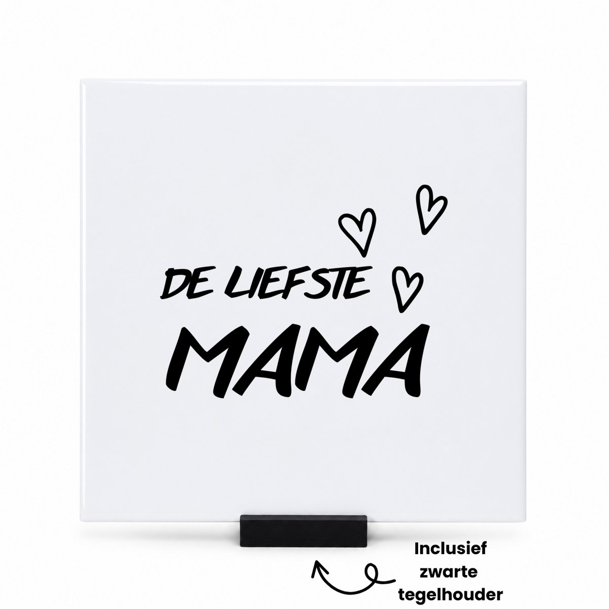 Hacebo De liefste mama met 3 zwarte hartjes tegeltje met tegelhouder - Moeder - Liefste mama - tegeltjes met tekst - moederdag cadeautje - Cadeau voor mama - Verjaardag - Geschenk - Cadeau - Gift - spreuktegels - 15x15 CM Wit