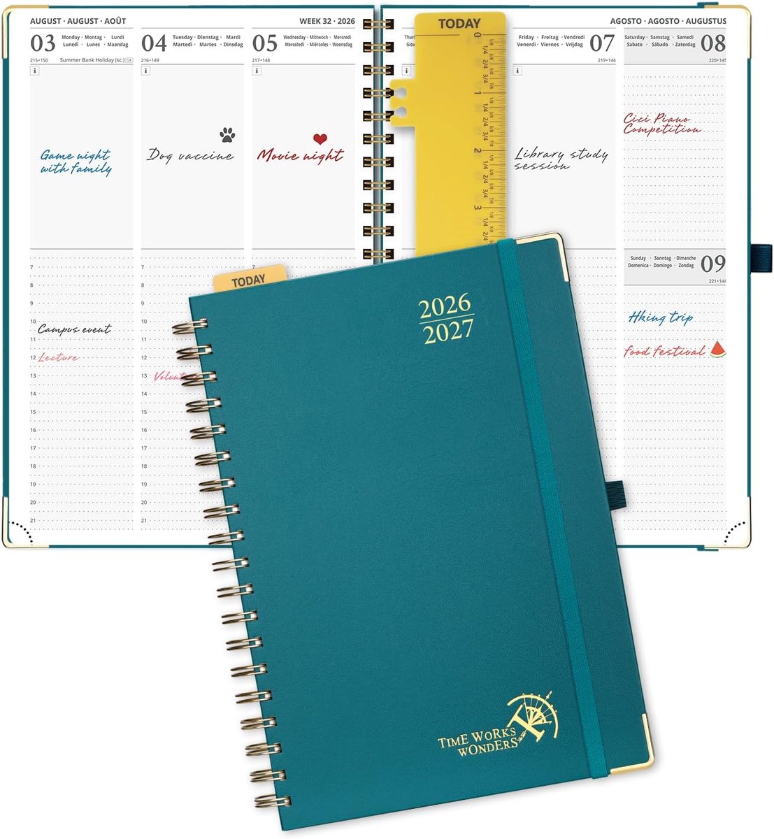 SnelShoppen - Weekly Planner 2026-2027 A4 Spiral Book, 17 maanden schoolagenda, pacifisch groen, 100g FSC® papier, weekplanner met 30-minuten interval