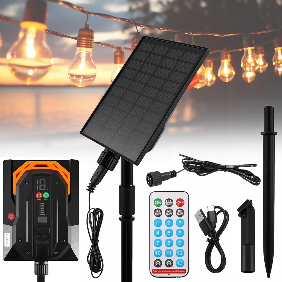 SnelShoppen - Solar lichtketen 2400mAh met afstandsbediening, 13 verlichtingsmodi, waterdicht, verstelbare helderheid voor buitenverlichting, tuin, fe