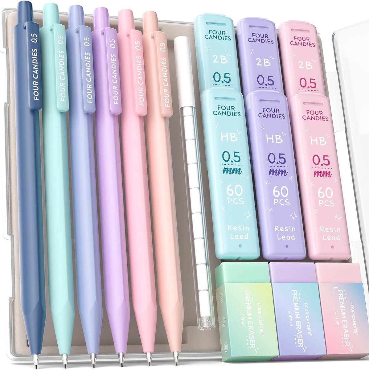 SnelShoppen - Mechanische Potloden 0.5mm Set met 360 HB & 2B Loden, 6 Kleurige Potloden met Pastel Gum en Navullingen - Aesthetic School Supplies voor