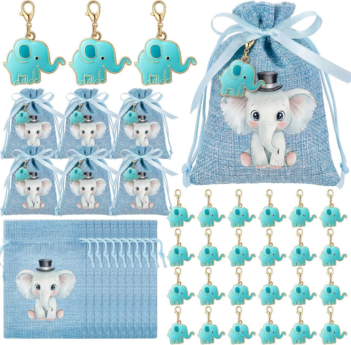 SnelShoppen - 30 Sets Doopgeschenken - Jute Zakjes met Olifant Motief - 30 Sleutelhangers - 1 Blauwe Ribbons - Ideaal voor Doop, Verjaardag en Feesten