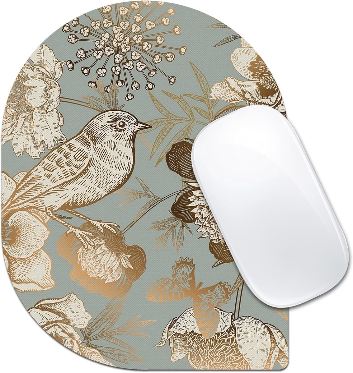 SnelShoppen - Vintage Vogel Muismat 6 x 8" - Botanisch Ontwerp met Bloemen - Ovale Hoek - Draagbaar en Anti-Slip voor Laptop en Computer