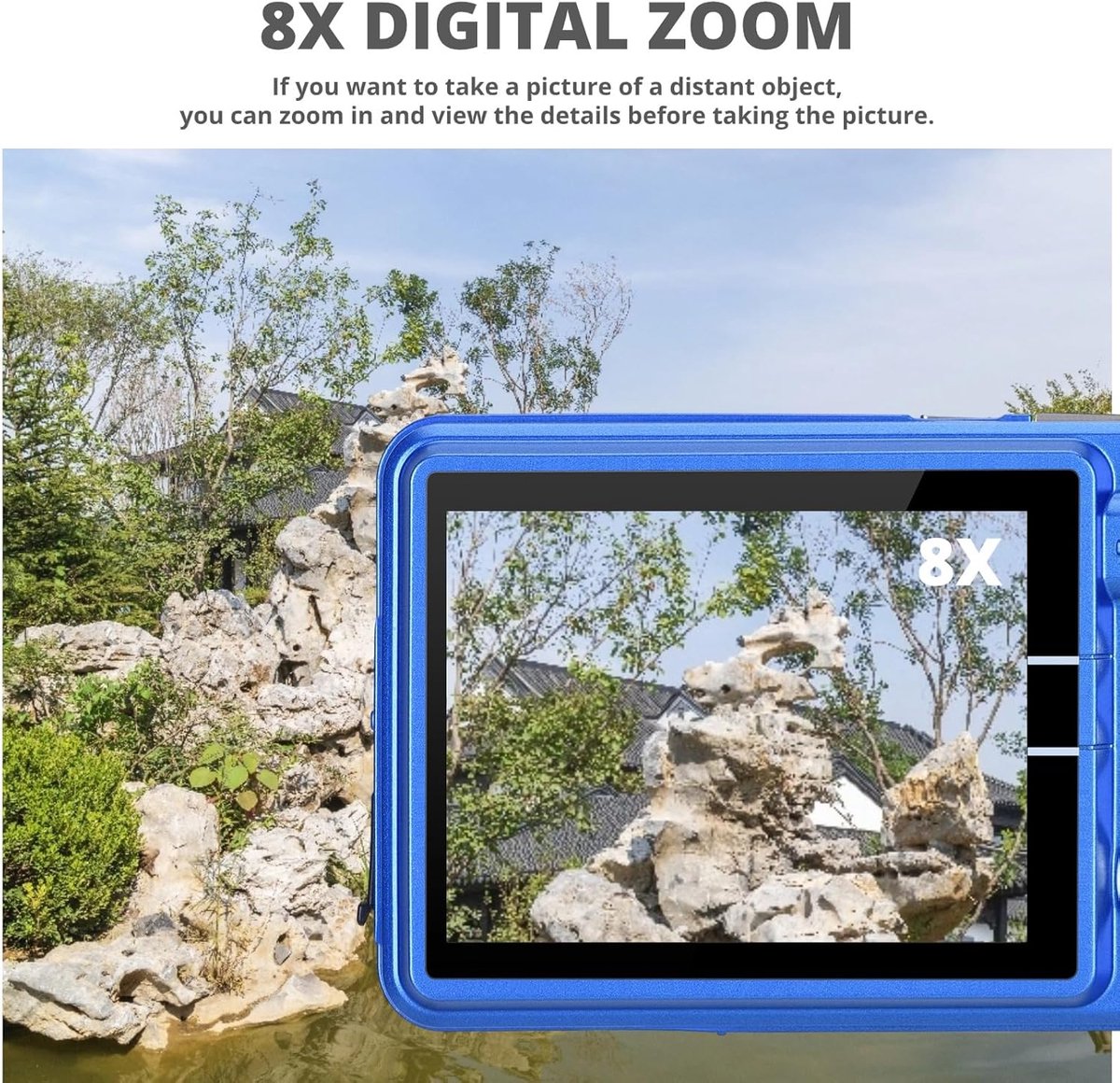 SnelShoppen - Digitale Camera voor Tieners, 4K 48 MP Ultra HD Point and Shoot Camera met 8x Digitale Zoom, Oplaadbare Compacte Vlogging Camera in Blau thumbnail 3