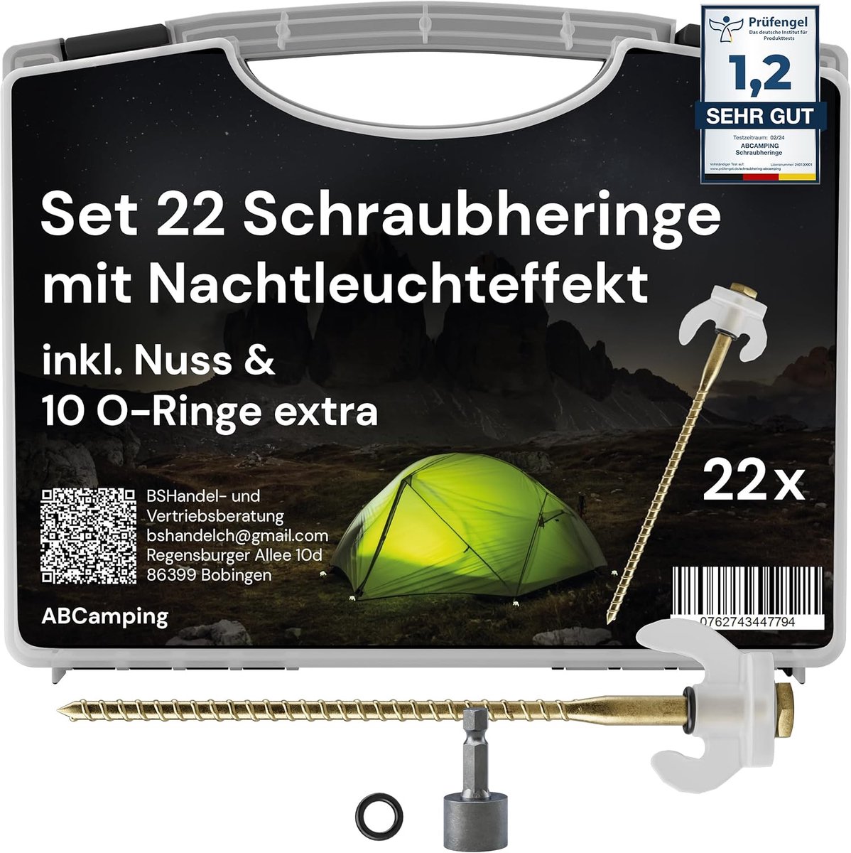SnelShoppen - Screw Pegs Set 22-delig, Stalen Tent Pegs voor Zachte tot Harde Bodems, Ideaal voor Kamperen met Licht Effect, Inclusief Transportbox, 1