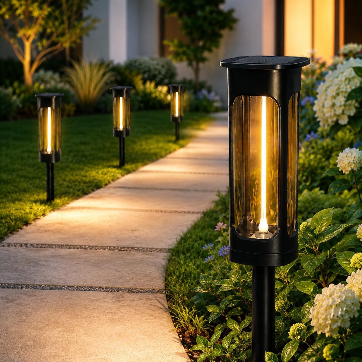 SnelShoppen - Pack van 4 Solar Tuinlampen Waterdicht met Timer Functie Magneet Flexibele LED Buitenlampen voor Tuin, Gazon, Patio, Oprit, Looppad