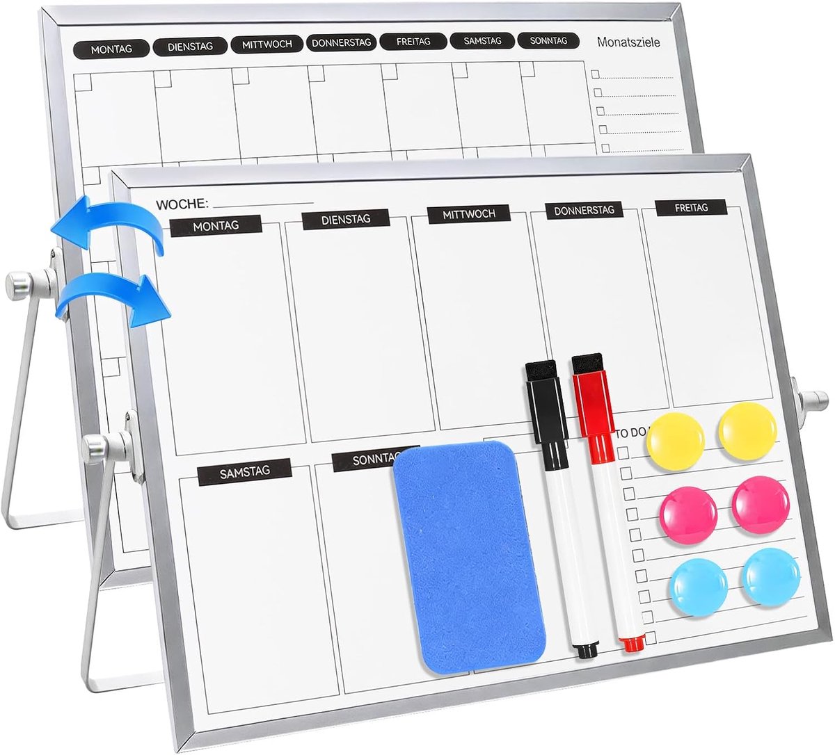 SnelShoppen - Xylota Dubbelzijdig Whiteboard, Weekplanner/ Maandplanner 30 x 40 cm, Wasbaar, Draagbaar met Stand voor Planning en Onderwijs