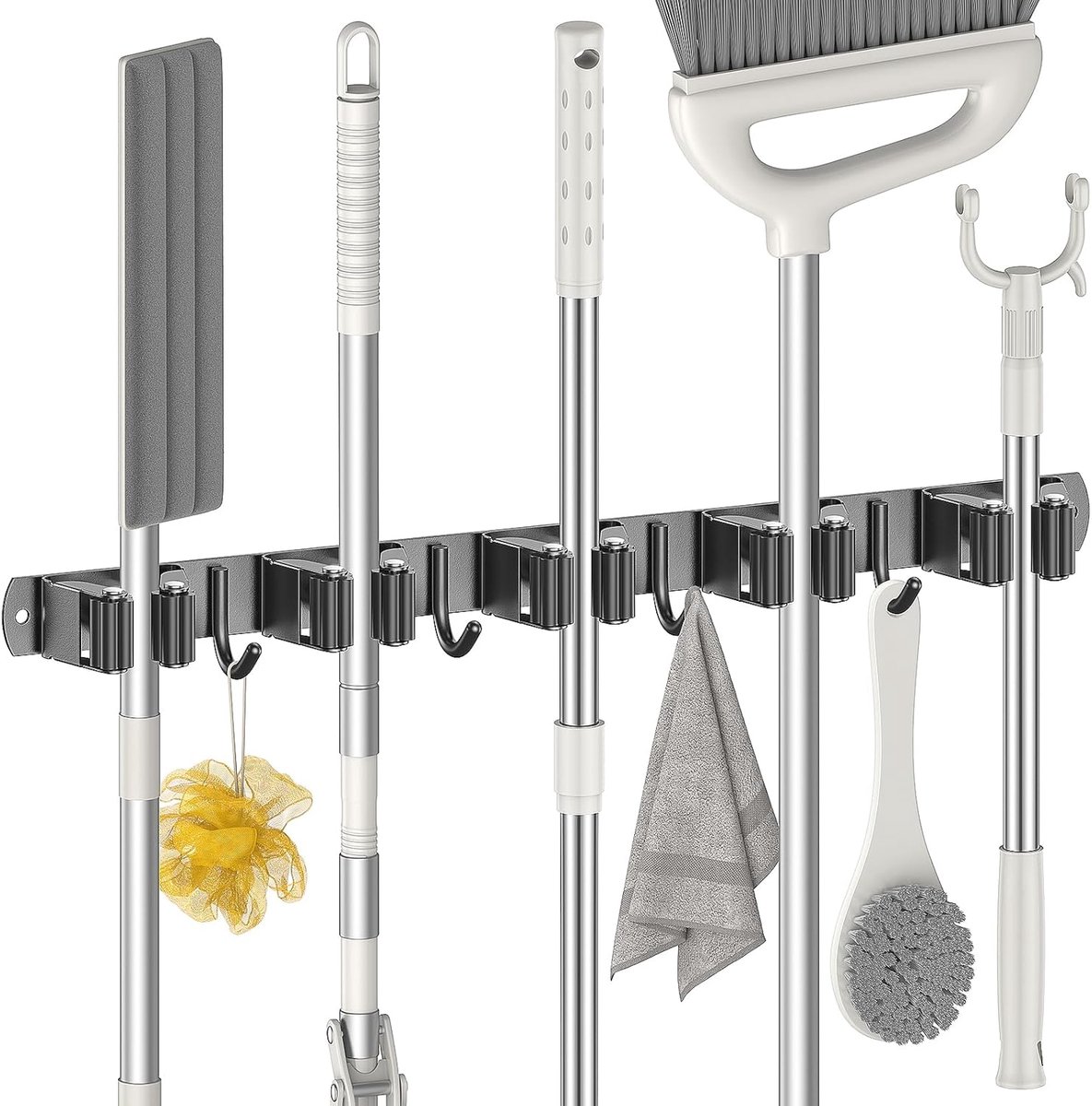 SnelShoppen - Broom Holder voor Wand - Zelfklevende Bezemhouder met 5 Houder en 4 Haken - Roestvrijstalen Gereedschapshouder - Tuin & Keuken Organizer