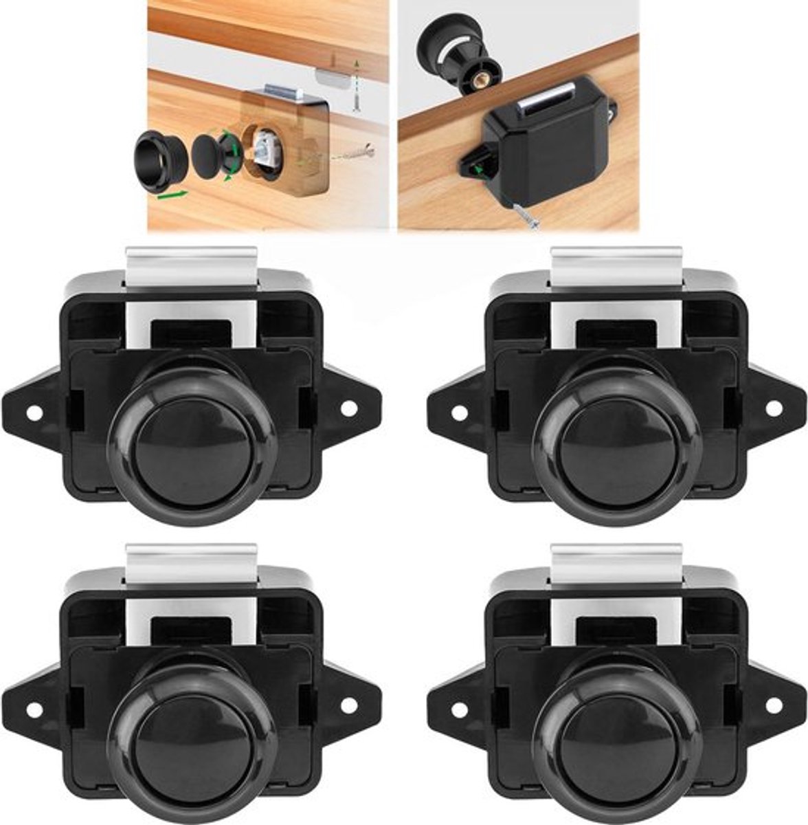 Drukknopslot - 4 stuks - kastsloten met drukknop -Push-to-open slot - Geschikt voor campers, boten, campers, kastdeuren - Zwart