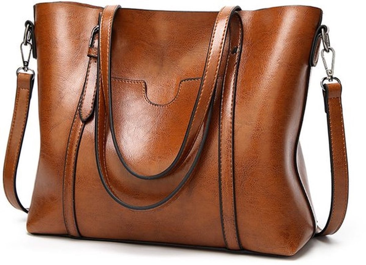Bruine boodschappentas, dames schoudertas, groot formaat, tas van imitatieleer, handtas, crossbodytas
