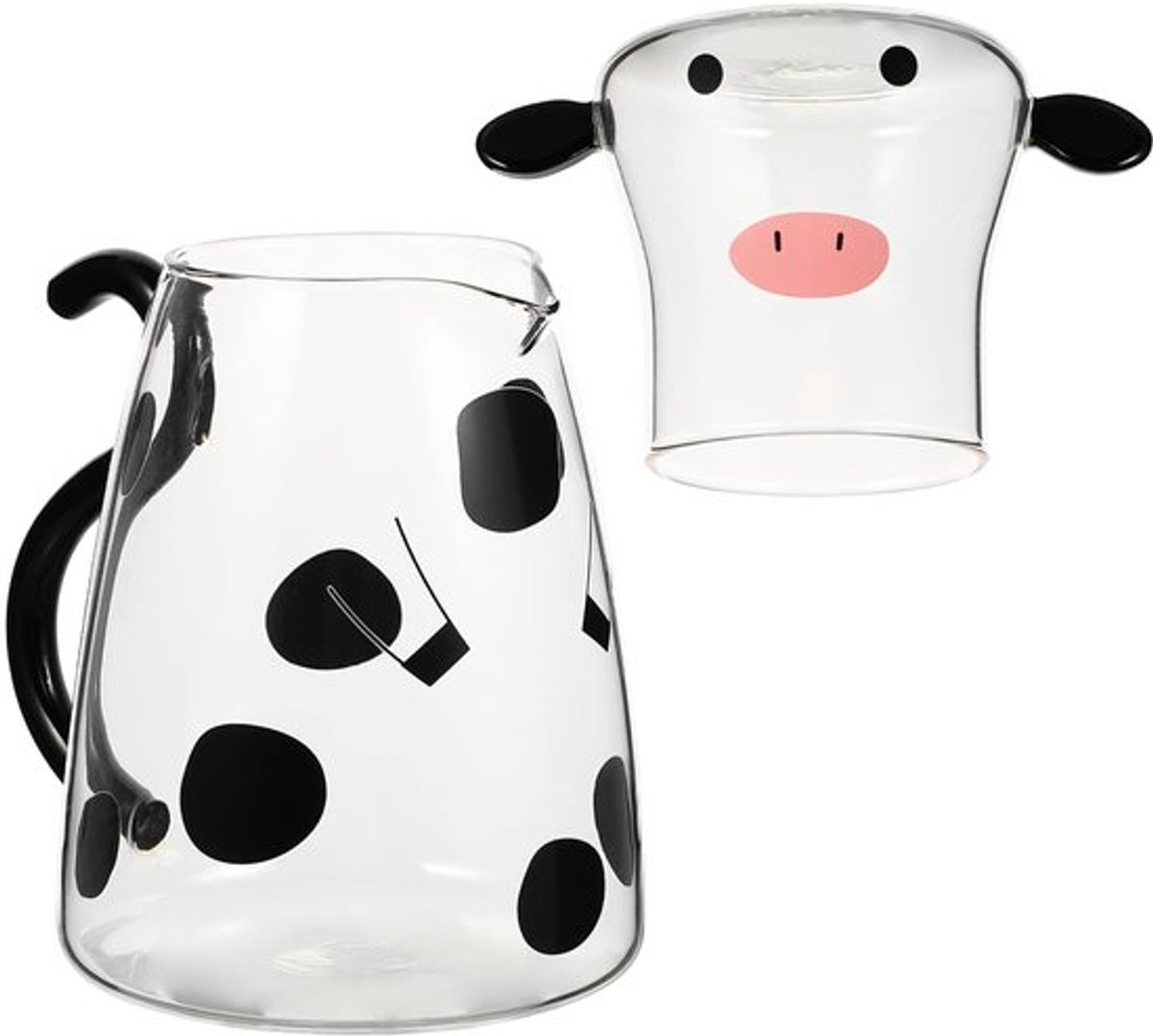 Cartoon Koe Helder Glas Nacht Water Set met Beker Zoete Koe Glazen Waterkan met Deksel Glas Waterkan Mok voor Water Ijsthee Sap (500ml)