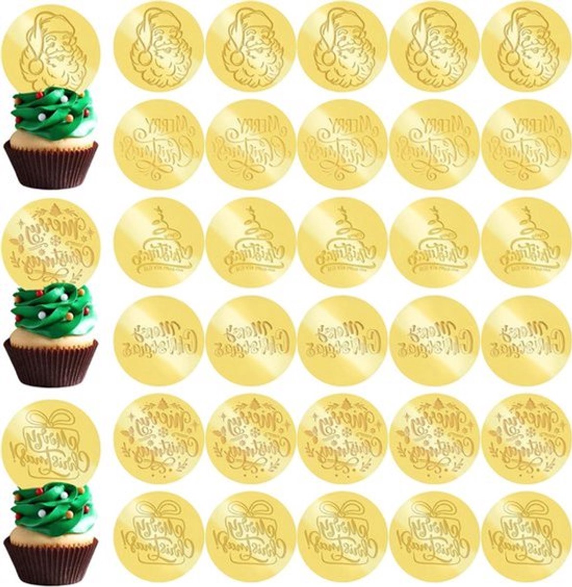 Kerst Cake Topper 30 Stuks Gouden Spiegel Ronde Acryl Cupcake Schijven Thema Cake Picks voor DIY Cake Decor Benodigdheden .