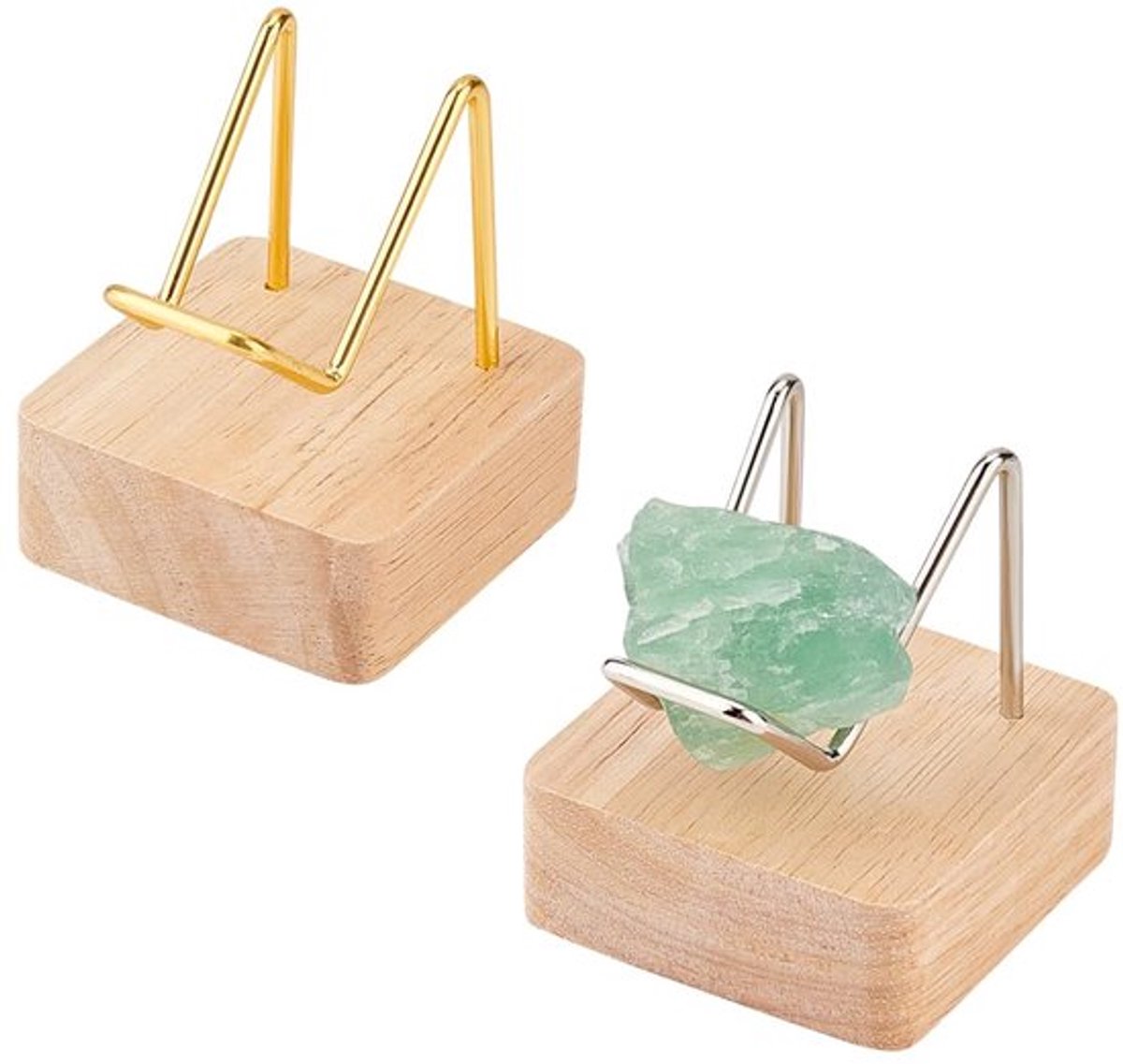 2 Stks Houten Basis Steen Display Stand 5x5x6cm Goud & Platina Metalen Arm Display Stand Minerale Monsters Display Ezel Houder voor Zeldzame Stenen Edelstenen Agaat Rotsen Kristallen Bal