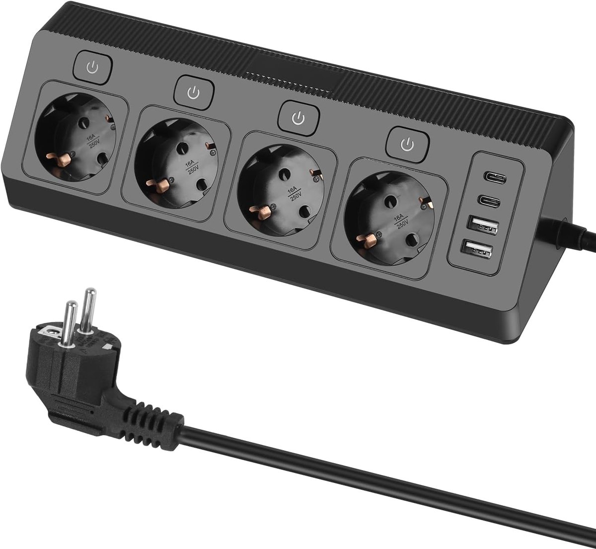 SnelShoppen - Power Strip 4-Way Hoekstopcontact met USB, 8-in-1 Multistekker met 2 x USB-A en 2 x USB-C, 2 m Kabel, Zwart, Voor Smartphones, Tablets,