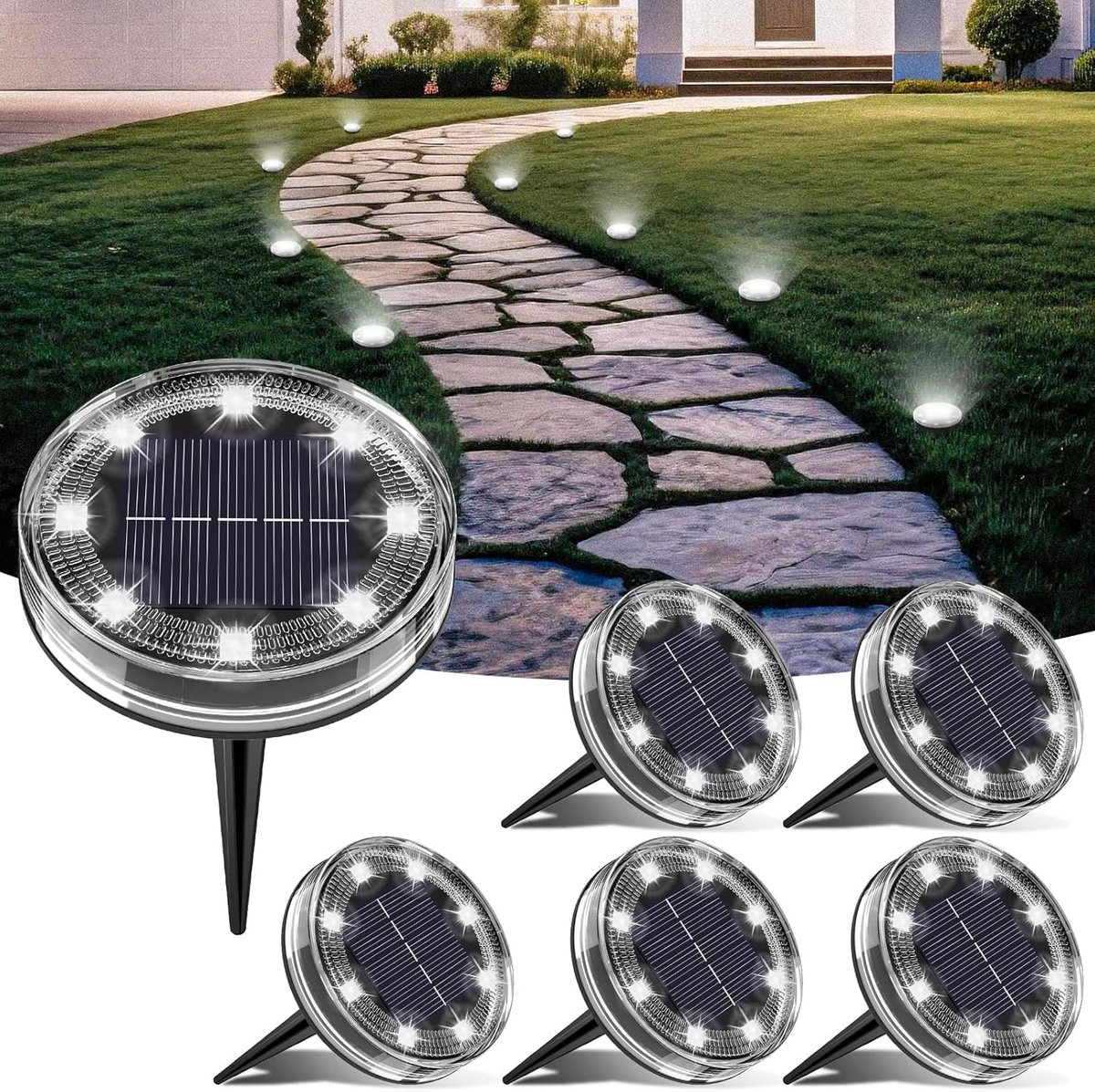 SnelShoppen - Set van 6 Grond Solar Tuinlichten, 8 LED Buitenlampen, IP68 Waterdicht, Buiten Spotlights voor Paden, Tuin, Terras, Oprit, Achtertuin, W