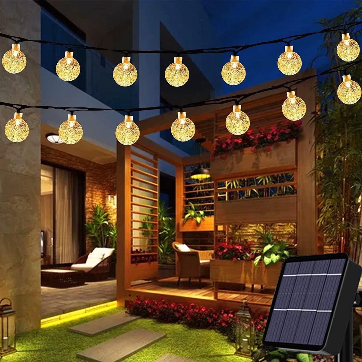 SnelShoppen - Solar String Lights Outdoor 24Ft 50 LED Tuinverlichting Waterdicht Kristallen Globe Binnen/Buiten Fairy Lights Warm Wit voor Feest, Kers