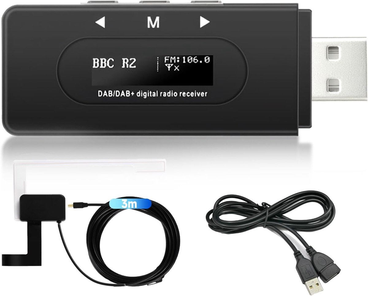 SnelShoppen - DAB/DAB+ Auto Radio Ontvangst Adapter - USB 2.0 Dongle met Actieve Antenne en OLED Display, Line-Out Functie voor DAB Radio