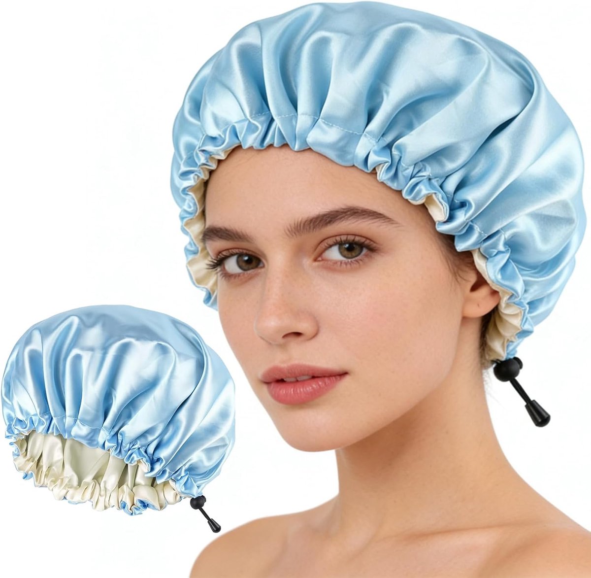 SnelShoppen - Satijnen Haarmuts om te Slapen - Luxe Bonnet met Verstelbaar Trekkoord - Zachte Nachtmuts van Satijn - Lichtblauw - Ideaal voor Bescherm