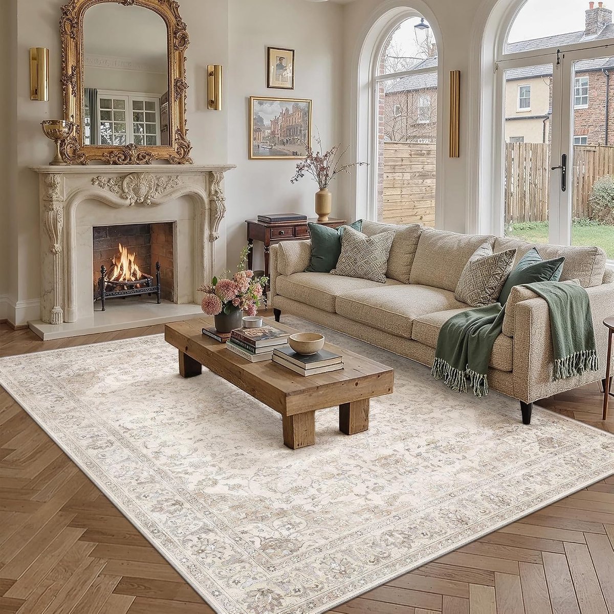 SnelShoppen - XXL Vintage Beige Vloerkleed 300x400 cm Wasbaar Antislip Korte Pool Zacht Bohemian Retro Tapijt voor Woonkamer, Keuken, Slaapkamer, Kant