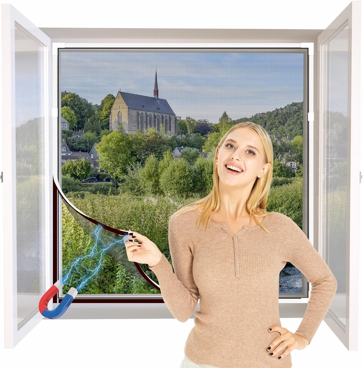 SnelShoppen - Insectenbescherming voor Raam - Magnetisch Vliegenscherm - 130 x 150 cm - Makkelijk Afkappbaar - Wit Frame, Zwart Net - Voor Binnen en B