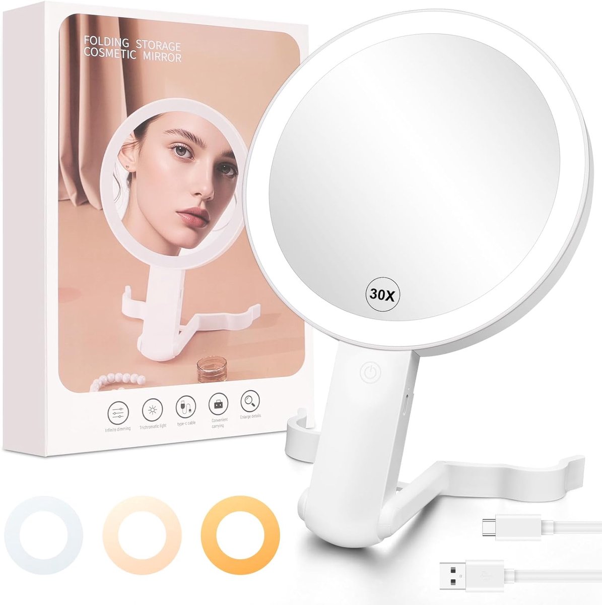 SnelShoppen - Make-Upspiegel met Verlichting, Oplaadbare Dubbelzijdige 30X/1X Vergrotingsspiegel, 3 Kleuren Instelbare Verlichting, 360° Draaibaar, Op