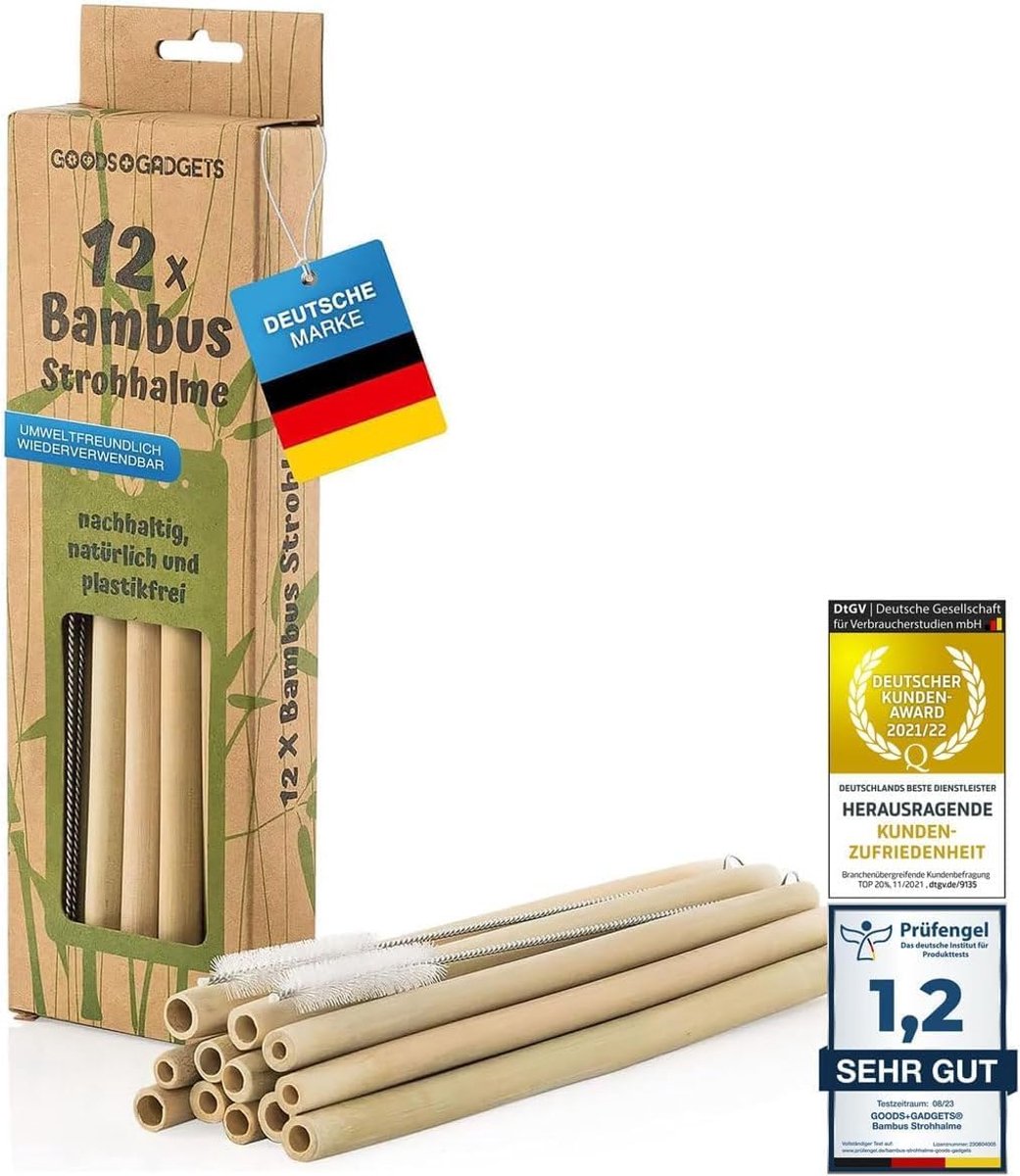 SnelShoppen - 12x Herbruikbare Bamboe Rietjes Set met 2 Reinigingsborstels en Katoenen Zakje - Duurzame Drinkrietjes voor Feest, Camping, Keuken en Tu