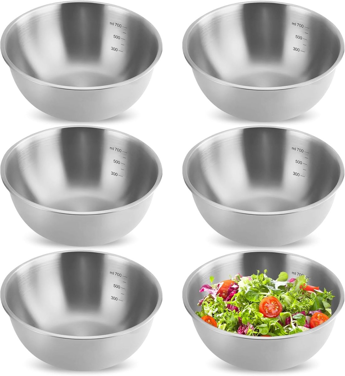 SnelShoppen - 6 Stuks Roestvrijstalen Mengkom Ø 17 cm - Stapelbare Slakom - Metalen Snackschalen voor Koken, Bakken en Serveren - Vaatwasmachinebesten