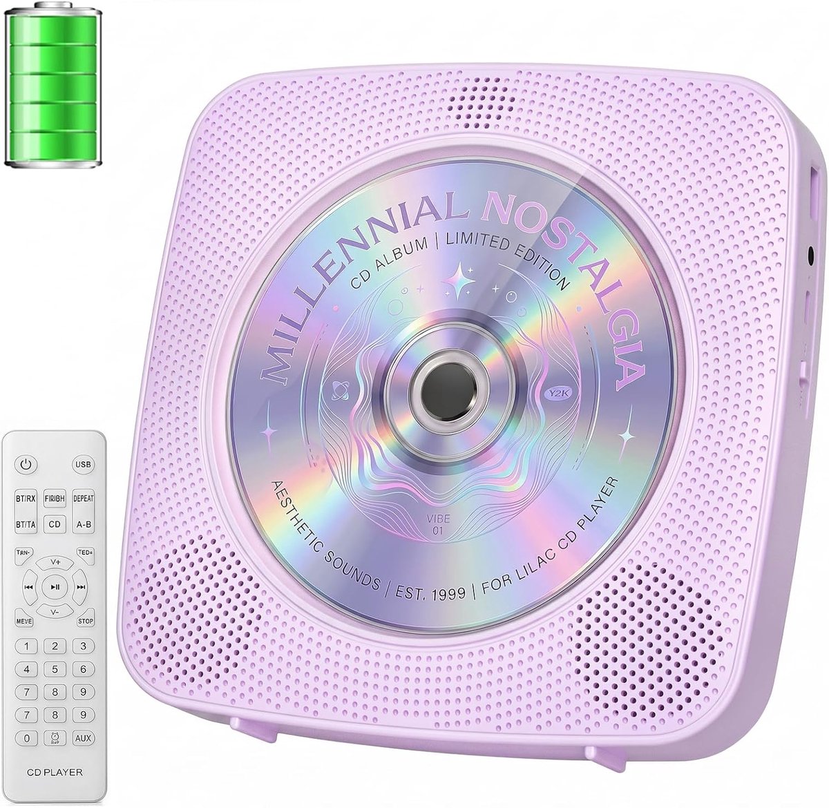 SnelShoppen - Draagbare CD-speler met Bluetooth, Oplaadbare Batterij, Afstandsbediening, Verwijderbare Stofkap, Wandmontage, Ondersteunt FM-Radio en U