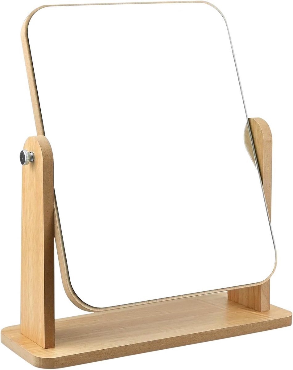 SnelShoppen - Make-upspiegel 360 graden draaibaar, rechthoekige tafelspiegel 22 x 17 cm, houten staande spiegel voor make-uptafel, bureau, badkamer en