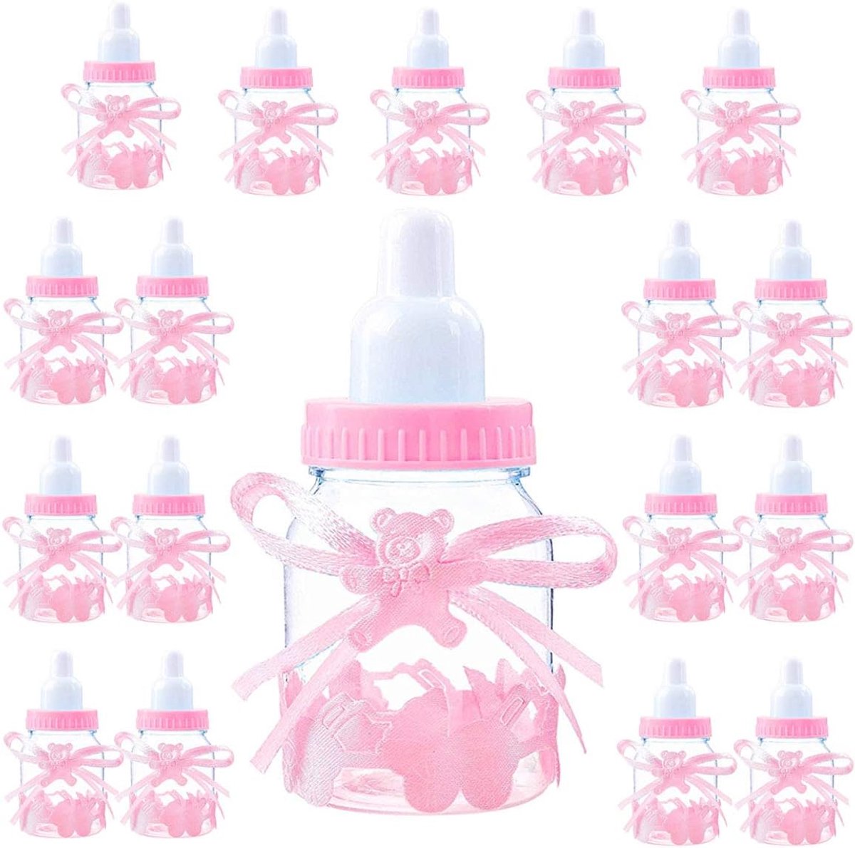 SnelShoppen - Babyfeest Meisje Decoratie Snoepjes Doos 18 Fles Roze Decoratie Nieuw Geboren, Babyshower, Babyborrel Gastgeschenken Doop Cadeaupakket (