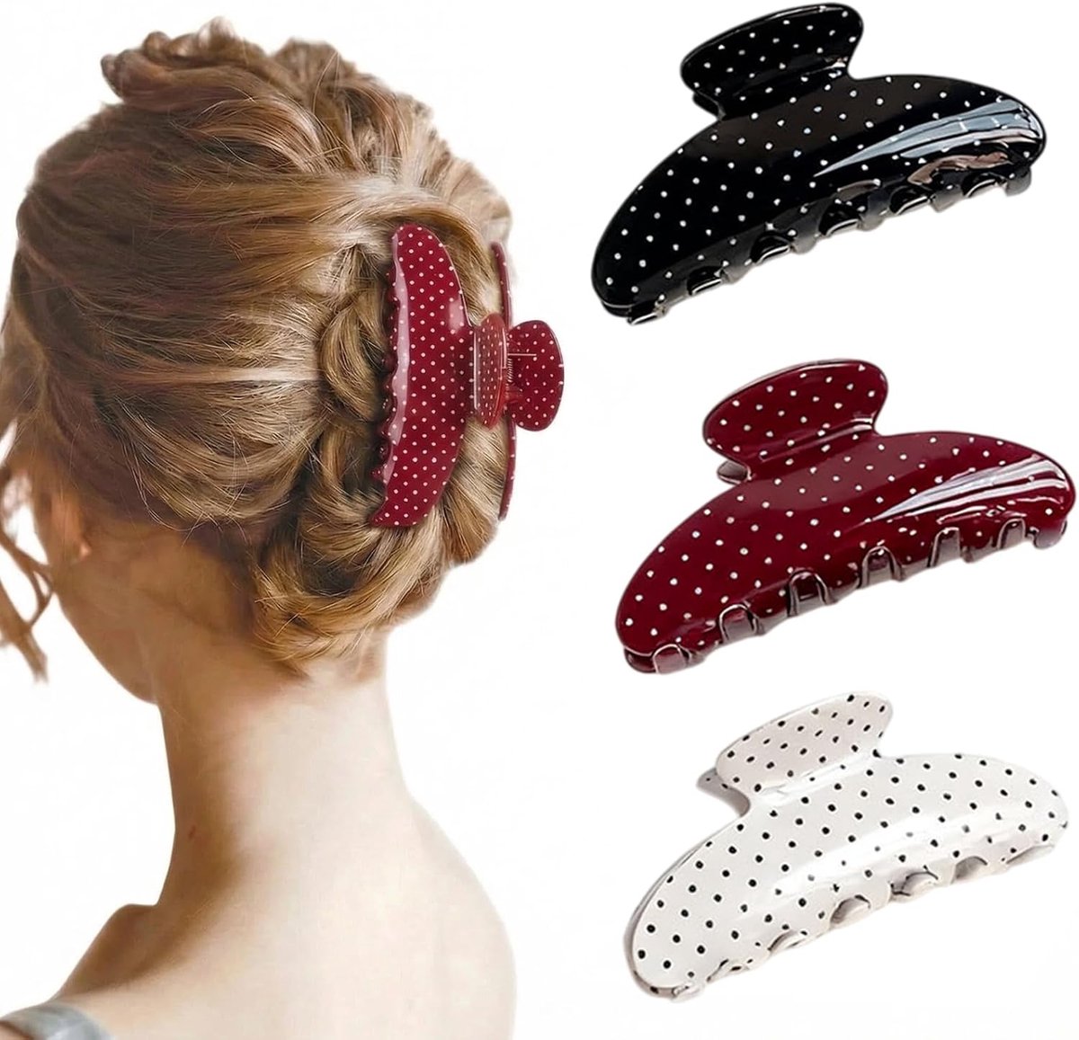 SnelShoppen - 3 Stuks Haarklem Haarspelden Dames - Antislip Veilige Grip - 8,5 cm voor Dik en Dun Haar - Vintage Polka Dots - Glanzend Zwart Wit Wijnr