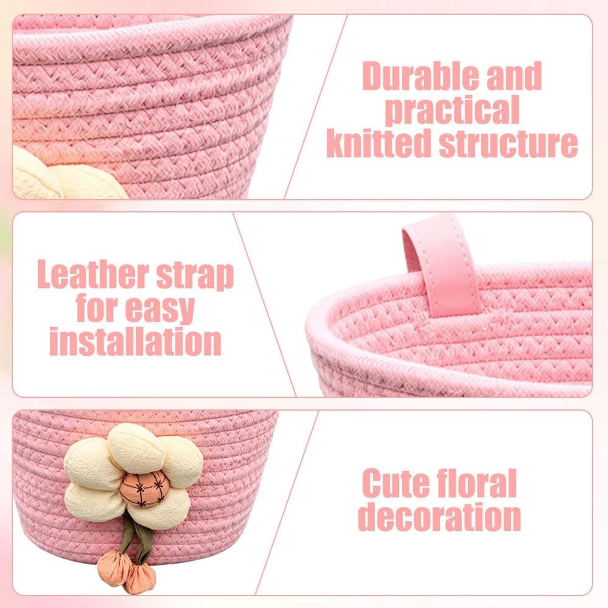SnelShoppen - Kleine Fietsmand Gevlochten voor Meisjes en Kinderen - Roze Stuurmand met 2 Leren Riemen - Voor Fietsen, Loopfietsen, Kinderwagens en Sc